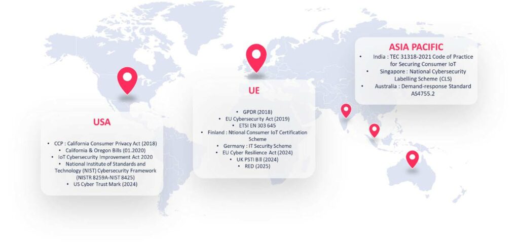 Carte des réglementations liées à la cybersécurité dans le monde.