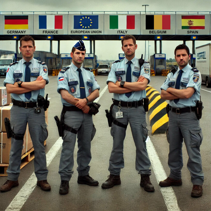 Customs officers from European Union waiting for goods inspection before entreing the market.