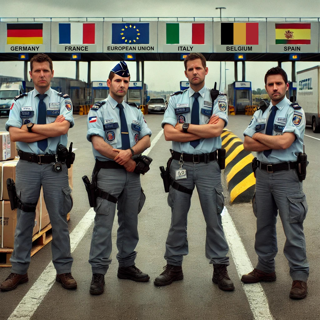 Customs officers from European Union waiting for goods inspection before entreing the market.